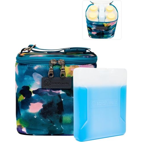 Sarah Wells Cold Gold Cooler Bag with Safety Tested Ice Pack – Insulated Milk Storage for Work, Travel & Daycare – Fits Bottles & Parts – Durable, Washable (Aquarelle)