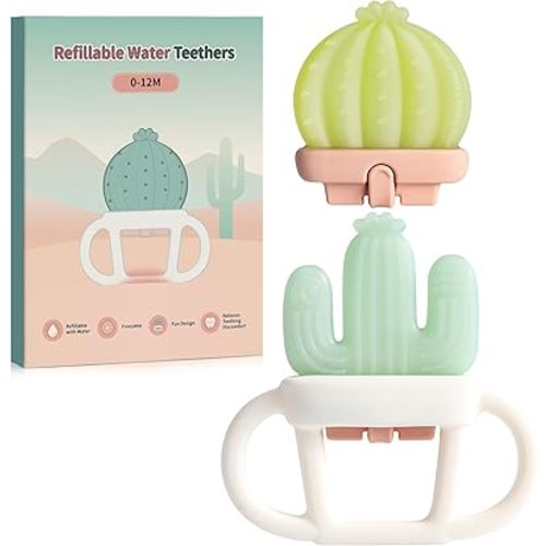 2 Pcs Baby Teether Toy - Water Fillable Teething Relief for Infants 0-12 Months, Silicone Baby Teething Toys Chill Teether, Cools & Massages Sore Gums (Green Cactus)