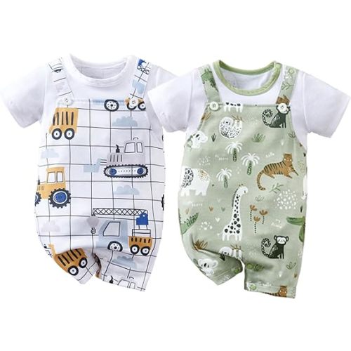 2-Pack Baby Boys Girls Romper Newborn Cartoon Print Short Sleeve Onesie Summer Clothes