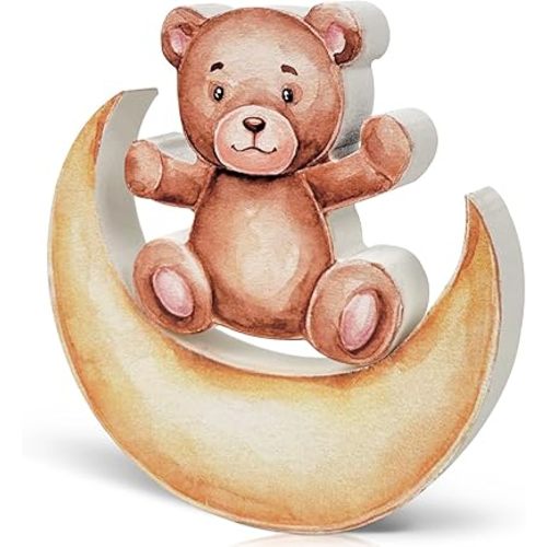 Teddy Bear Baby Shower Decorations, Moon Bear Wooden Sign 2Pcs Teddy Bear Table Centerpieces for Baby Shower Gender Reveal Wedding Birthday Party Decorations (6x6 Inch)