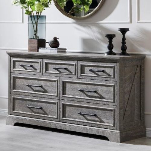 52" Wide Farmhouse 7 Drawers Dresser for Bedroom, Wood Chest of Drawers with Natural Texture for Bedroom, Living Room, Gray