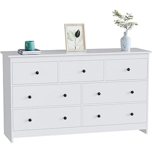 CARPETNAL White Dresser for Bedroom, 7 Drawer Dresser with Wide Drawer and Metal Handles, Woode Dressers & Chests of Drawers for Hallway, Entryway.