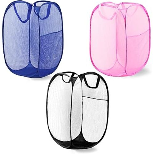 Pop Up Laundry Hamper, Mesh Laundry Basket Collapsible, Foldable Hamper for Travel and Storage, 3 Pack (Black+Pink+Blue)