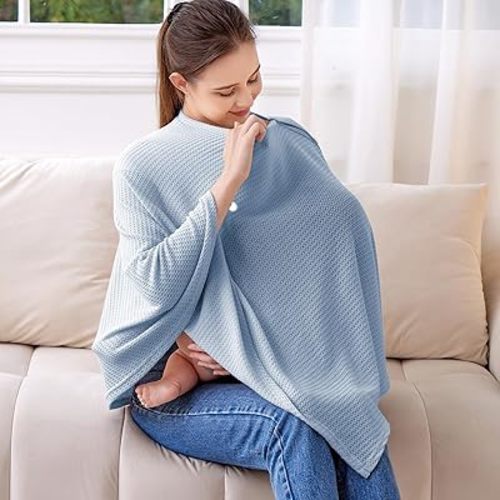 Knit Nursing Cover for Baby Breastfeeding, Breathable and Soft, Wide Neck with Stretch for Easy View (Blue)