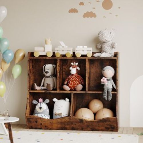 Kids Toy Storage Cabinet with 3 Open Shelves and 2 Tilt Bins for Books and Toys, Anti-Tip Design, Durable Wood Cabinet for Playroom Bedroom Brown