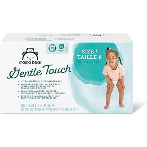 Amazon Brand - Mama Bear Gentle Touch Diapers, Hypoallergenic, Size 6, 108 Count (4 packs of 27), White