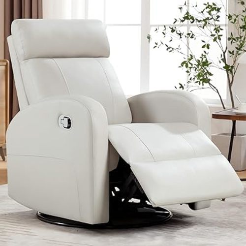 Swivel Rocker Recliner, Manual Glider Rocking Recliner Chair, Faux Leather Fabric Swivel Reclining Chair Nursery Glider Recliners for Small Spaces, Living Room, Ivory