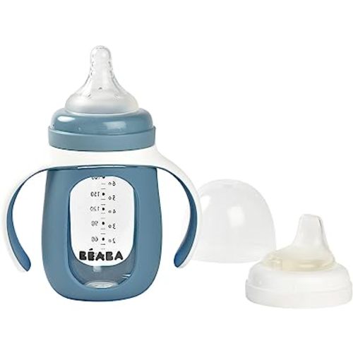 BEABA 2-in-1 Glass Baby Bottle to Glass Transition Sippy Cup, Spill Proof Sippy Cup, Toddler Baby Bottle with Soft Silicone Nipple and Spout, 7 oz (Rain)