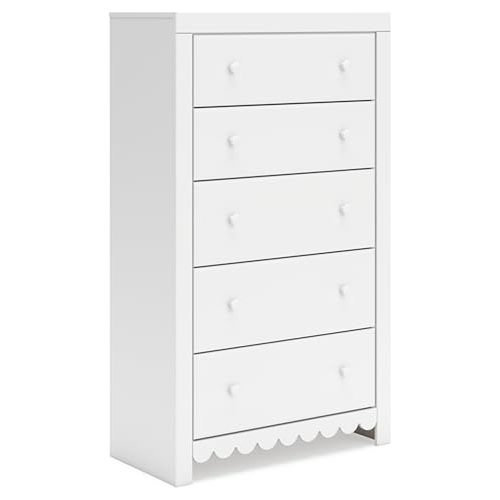 Signature Design by Ashley Mollviney Coastal 5-Drawer Chest of Drawers with Safety Stop and Scalloped Detailing, White