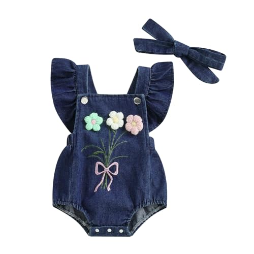 Amnnchya Baby Girl Summer Clothes Floral Fly Sleeve Newborn Bubble Romper Cute Knit Flower Jeans Bodysuit Spring Outfits