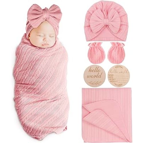 Baby Girl Newborn Receiving Blanket with Matching Bow Hat and Mittens Set Wheat Ear Design Baby Swaddle Blanket Shower 1 Pack
