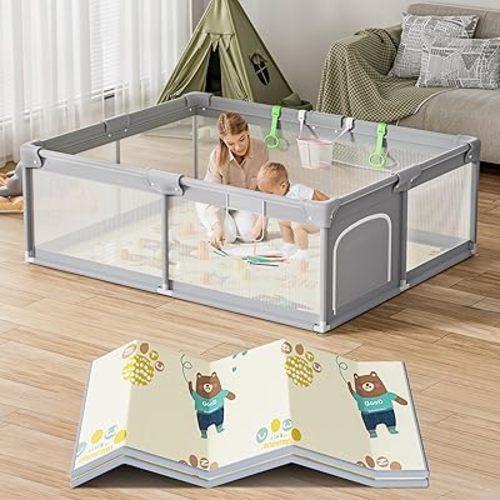 Baby Playpen with Mat, 71x59 inch Large Baby Play Pens for Babies and Toddlers, Baby Play Yard Baby Fence Indoor & Outdoor Active Center