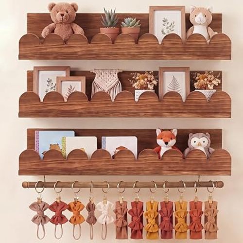 Qunclay Nursery Floating Shelves with Rod, Walnut Color, 15.7 Inch, 3-Tier
