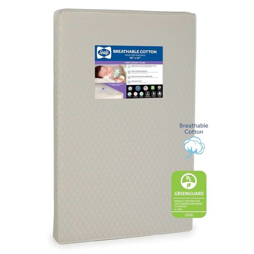 Sealy Baby Breathable Waterproof Cotton Portable Mini Crib Mattress, Premium Sustainable Non Toxic Core, Hypoallergenic, GREENGUARD Gold Certified, Safety & Quality Tested, Made in USA, 38x24"