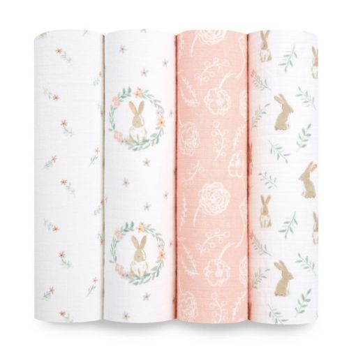 Aden+anais Essentials 100% Cotton Swaddle Blankets - Blushing Bunnies - 4pk