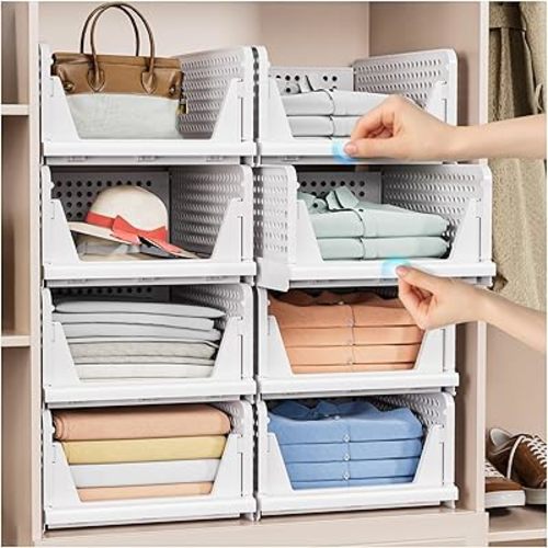 5 Pack Stackable Closet Organizer Box - Stackable Storage Bins, Plastic Storage Basket Foldable Closet Storage Basket for Wardrobe Cupboard Kitchen Bathroom Officem, White