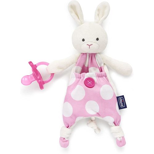 Chicco Pocket Buddies Soft Pacifier Holder-Lovey, Soothing Plush Toy Animal 0m+, Pink Bunny