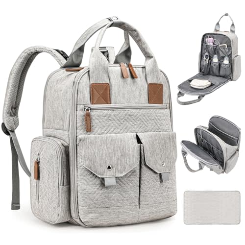 JSTPRO Diaper Bag Backpack - Large Diaper Bag with Portable Changing Pad as Baby Shower Gifts, Lightweight Waterproof Unisex Travel Baby Bag with 4 Insulated Pockets and Stroller Buckles, Light Grey
