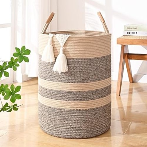 60L Striped Laundry Basket, Dark Brown Laundry Hamper with Leather Handles, Woven Cotton Rope Storage Bin for Blankets, Nursery Hamper for Clothes, Toys In Bathroom, Livingroom, Bedroom