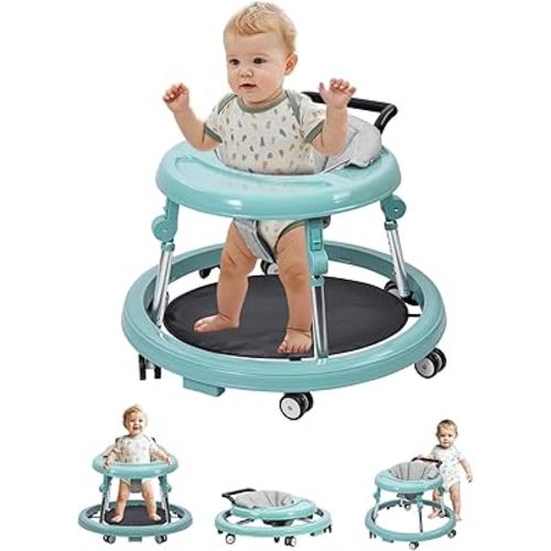 Baby Walker with Wheels: Adjustable Height & Foldable Design, Mute Wheels & Anti-Rollover Feature, Includes Footrest, Perfect for Boys & Girls 6-18 Months