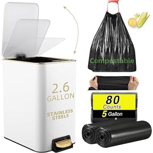 Small Bathroom Trash Can with Lid Soft Close, 10 Liter / 2.6 Gallon Stainless Steel Garbage Can with Removable Inner Bucket,80Count Compostable Trash Bags, Slim Step Pedal Trash Bins