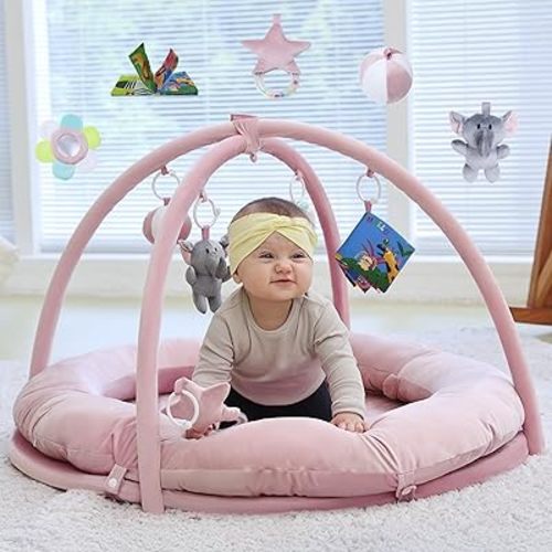 Hiseeme Baby Play Gym Mat, Thick & Plush Baby Playmats, Tummy Time Mat with 5 Sensory Toys for Newborn Development, Baby Activity Gym for Infant with Non-Slip Cushioned Foam Padding (Pink)