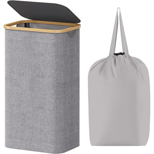 Lifewit 100L Laundry Basket with Lid, Clothes Hampers for Laundry with Bamboo Handles and A Removable Laundry Bag, Large Foldable Laundry Hamper for Bedroom, Bathroom, Dorm, Laundry Room, Light Gray