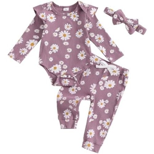 Newborn Baby Girl Outfits Flower Ribbed Ruffle Long Sleeve Romper and Pant set 3pc Infant Girl Fall Winter Clothes