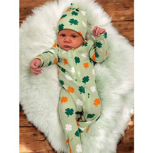 Organic Waffle 2-Way Zip Footie, Green Clover