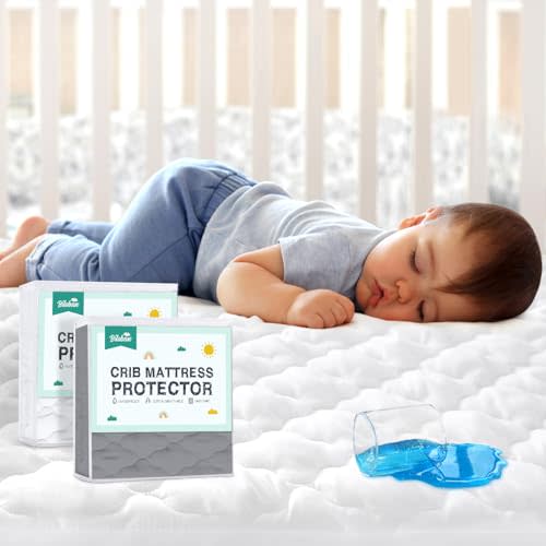 2 Pack Crib Mattress Protector Sheets, Fitted Waterproof Mattress Pad Cover, Noiseless & Machine Wash 100% Absorbent Crib/Toddler Mattress Protector Sheet Quilted, White & Gray, 52" x 28"