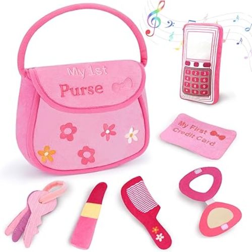 My First Pink Purse Plush, Baby Purse Set with 6 Pcs Makeup Plushies for Toddlers, First Birthday Gifts for Girls