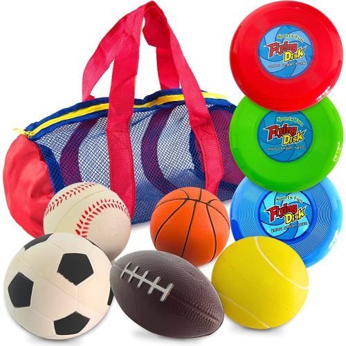 Toysery Soft Balls for Toddlers 1-3. Set of 5 Sport Toddler Balls Plus 3 Fresbee's. Carrying Bag Included- Soft Ball for kids- Outdoor games