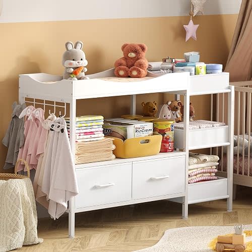 Baby Changing Table with Storage,Heavy-Duty Diaper Changing Station, White Nursery Dresser Organizer with 2 Large Fabric Baby Drawers, 3 Diaper Caddy Bin & Wood Shelf, Kids & Baby Bedroom Furniture