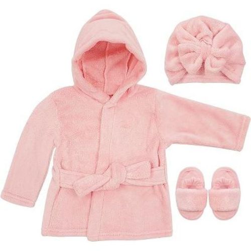 Rising Star Pink Baby Girls Bathrobe Towel, Slippers And Turban, Bath Robe Spa Set For Infants 0-9 Months