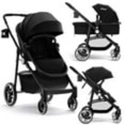 OLAKIDS 2 in 1 Baby Stroller, High Landscape Infant Stroller and Reversible Bassinet Pram, Foldable Pushchair with Adjustable Canopy, Cup Holder, Storage Basket, Suspension Wheels (Black)
