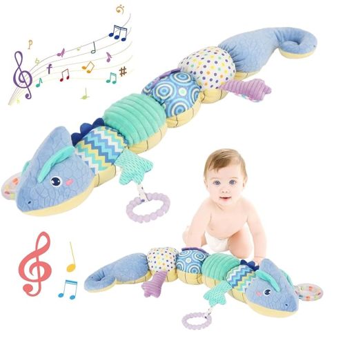 Baby Sensory Blue Chameleon Plush Musical Rattle Toy with Rustling Sounds for Infant 0-6 Months, Tummy Time Sensory Toys for 3-12 Month Old Newborn