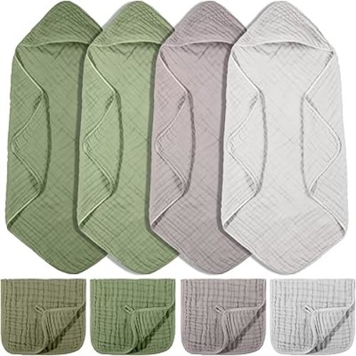 VitalCozy 8 Pcs Baby Muslin Hooded Bath Towels and Washcloths, Muslin Hooded Baby Towels Absorbent Blankets for Gift Newborn Infant Shower (Morandi Color)