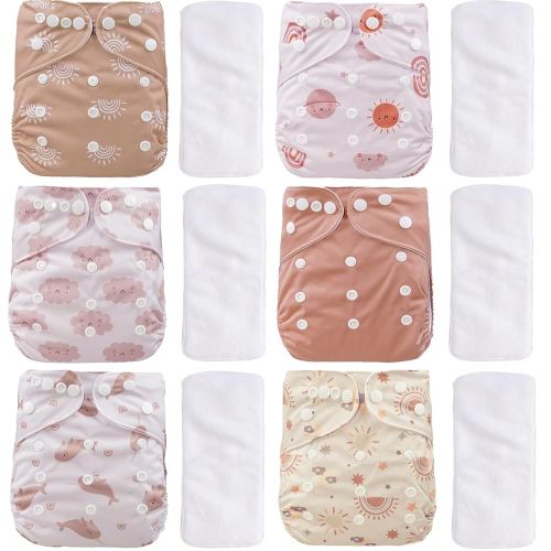 12 Set Reusable Adjustable Cloth Diapers for Newborn to 0-3 Years,One Size Washable Pocket Nappy Covers for Baby Girl and Boy,6 Pack Cloth Diapers+6pcs Microfiber Inserts(Pink)