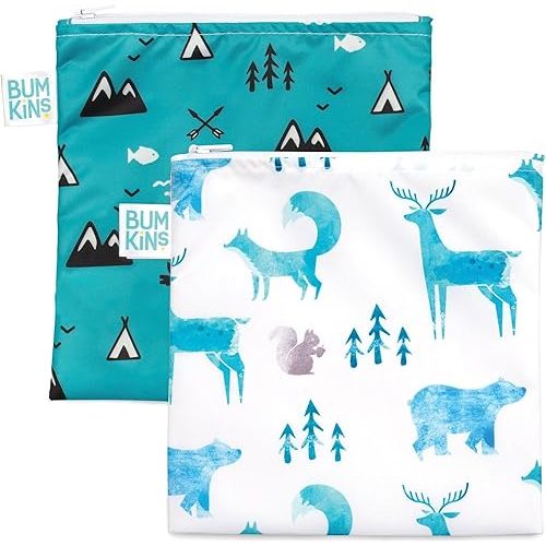 Bumkins Reusable Sandwich and Snack Bags, for Kids School Lunch and for Adults Portion, Washable Fabric, Waterproof Cloth Zip Bag, Travel Pouch, Food-Safe, Large 2-pk Outdoors Wildlife