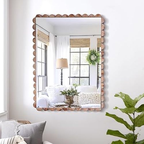 Rectangle Wooden Wall Mirror,22X30 inch Rustic Farmhouse Mirror, Bathroom Vanity Wood Grain Waved Mirror for Living Room,Bedroom