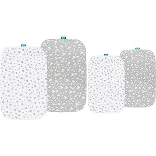 Cotton Sheets for 4moms Breeze Plus Portable Playard and Bassinet, Breathable and Heavenly Soft, Grey Hearts and White Stars Print for Baby