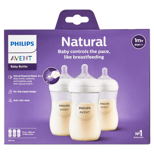Philips Avent Natural Baby Bottle with Natural Response Nipple, Clear, 9oz, 3pk, SCY903/93