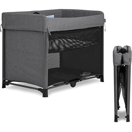 Evolur Zane Portable Playard with Instant Fold, Removable Mattress Cover & Full-Size Zipper Bassinet – Lightweight Travel Crib for Infant (0–18 Months) Grey
