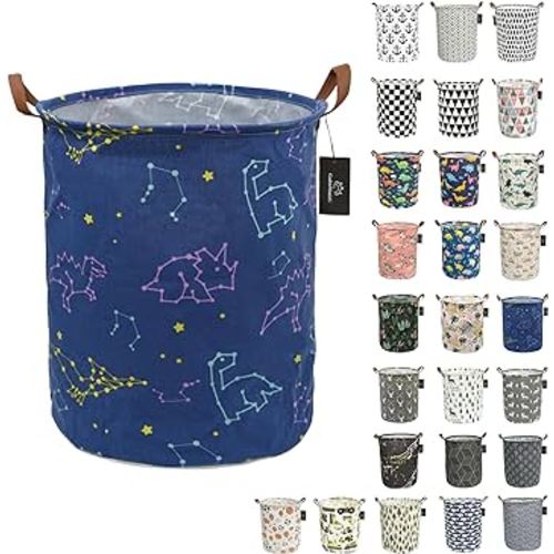 Collapsible Laundry Basket - GodenMoninG 62.8L Large Sized Round Waterproof Storage Bin with Handles,Home Decor,Toy Organizer,Children Nursery Hamper. (Dinosaur Constellation)