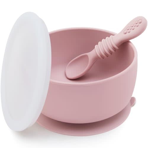 SAMiGO Silicone Baby Bowl and Spoon Set with Suction and Lid, First Stage Self Feeding Essentials, Food Bowl for 6+ Months