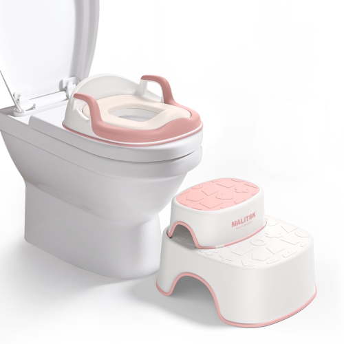 Maliton Toilet Training Seat - 2 in 1 with Anti-Slip Step Stool for Toddlers - Adjustable Height - Pink