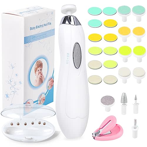 Baby Nail File Electric Nail Trimmer, Baby Nail Filer Kit with Nail Clippers, Toes Fingernails Care Trim Polish Grooming Safe for Infant Newborn Babies Toddler Kids or Women, 12 Grinding Heads