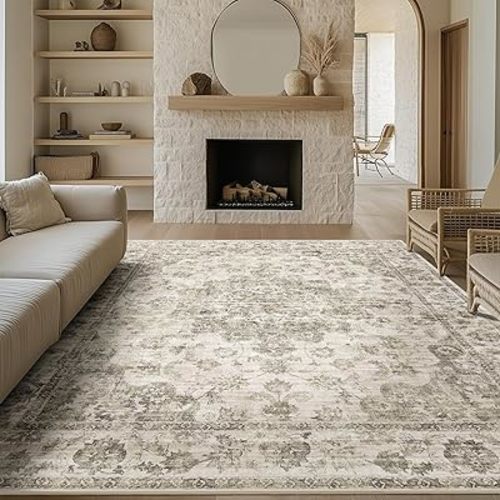 8x10 Washable Neutral Area Rug Taupe Floral Living Room Bedroom Large Carpet Non-Slip Low Pile Vintage Soft Thin Throw Rug for Dining Room Office Kitchen Indoor Nursery