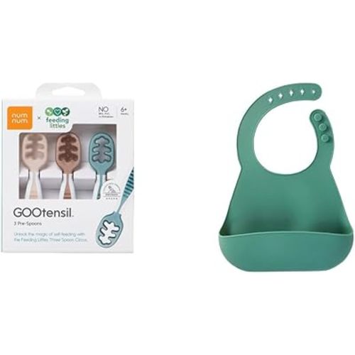 NumNum Feeding Littles, 3 Spoons, Neutrals Plus Bib, Glacier Green,