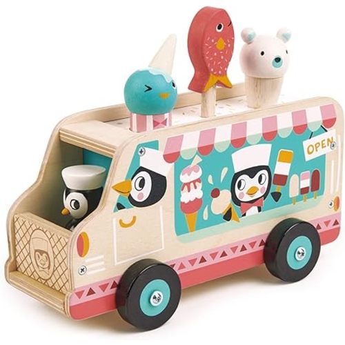 Tender Leaf Toys - Penguin’s Gelato Van - Food Truck Style Pretend Play, Ice Cream and Ice Lolly Wooden Vehicle - Encourage Role Play and Develops Social Skills for Children - Age 18m+